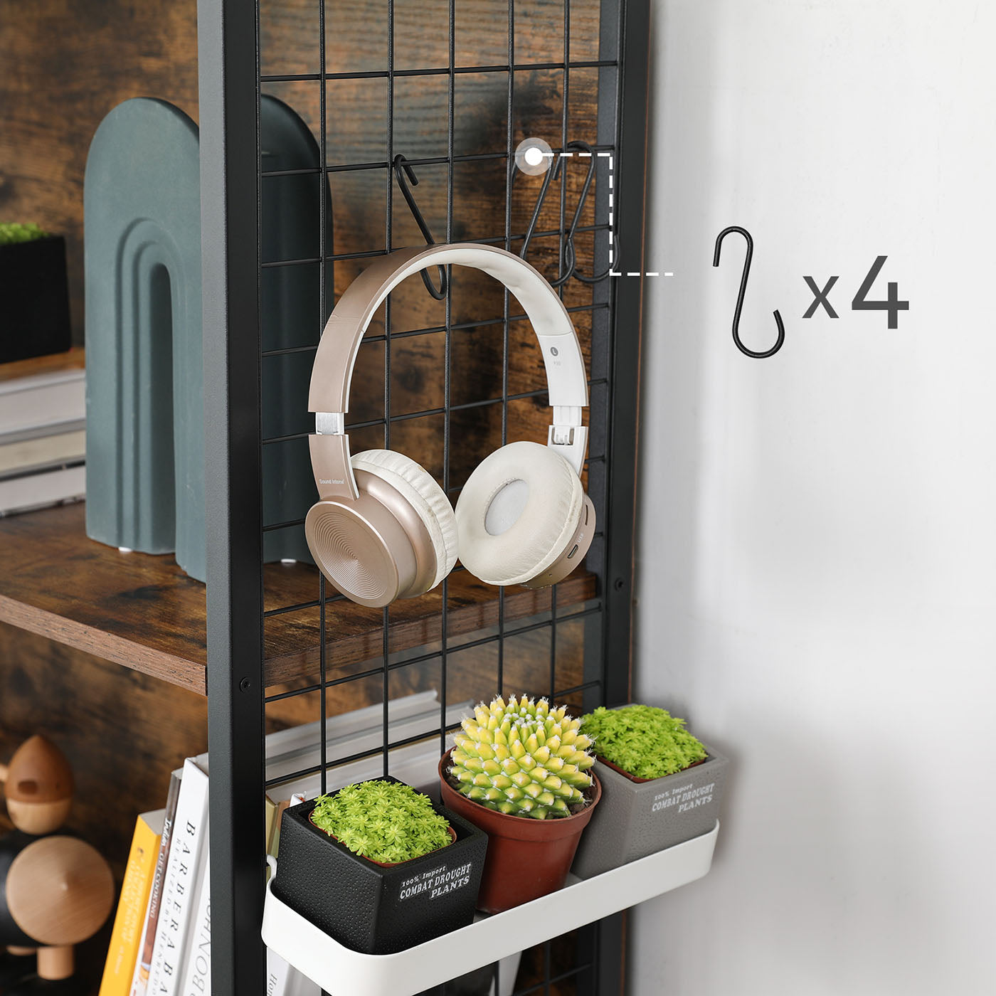 Bookcase - Steel - Rustic Brown and Black - 4 Tiers with S-Shaped Hooks for Storage