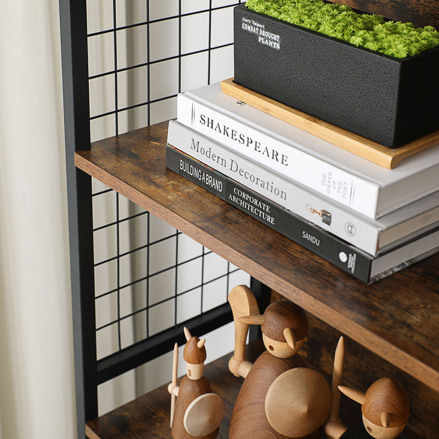 Bookcase - Steel - Rustic Brown and Black - 4 Tiers with S-Shaped Hooks for Storage
