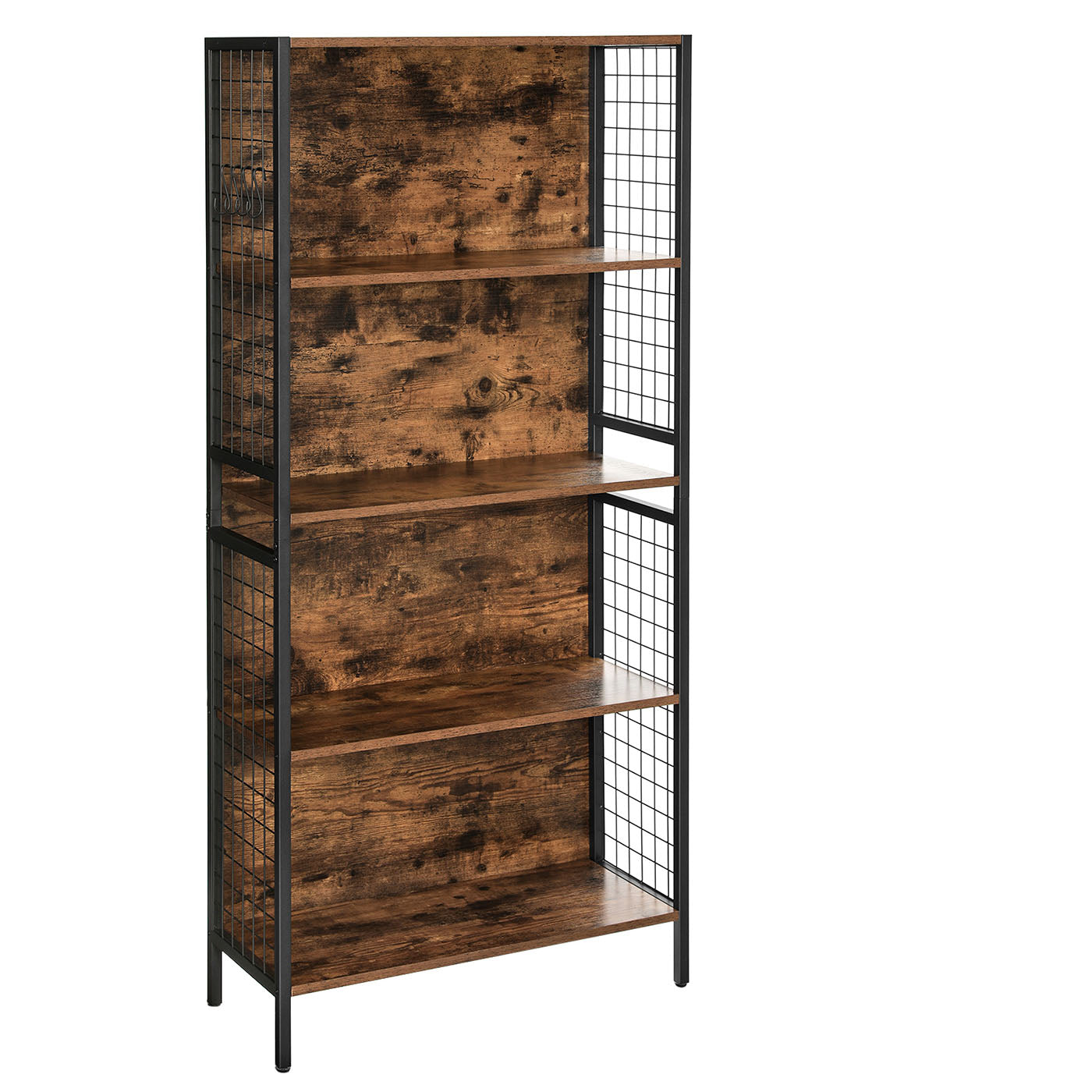 Bookcase - Steel - Rustic Brown and Black - 4 Tiers with S-Shaped Hooks for Storage