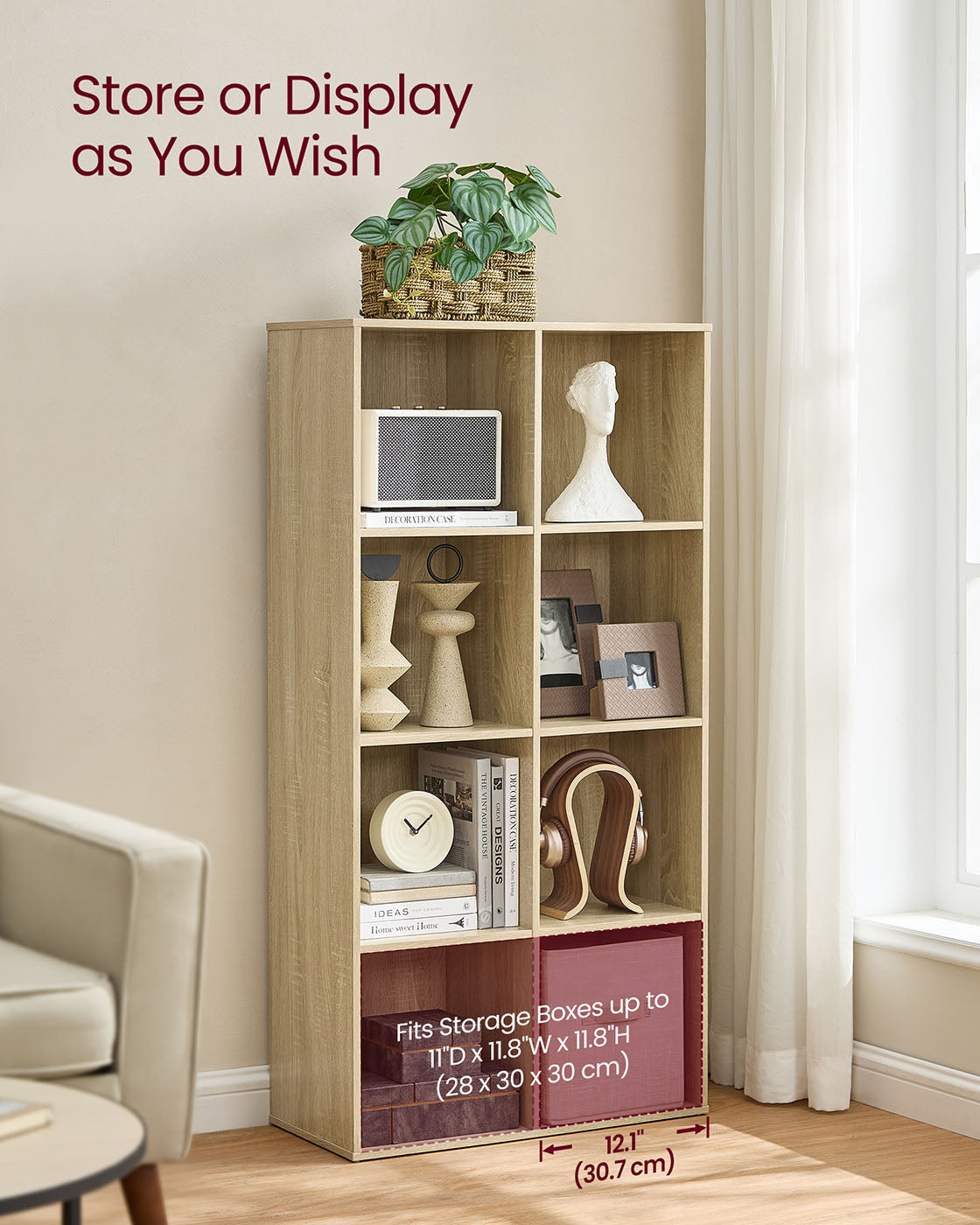 Storage Bookshelf - Wood - Oak - 8 Cube Freestanding Unit for Home or Office