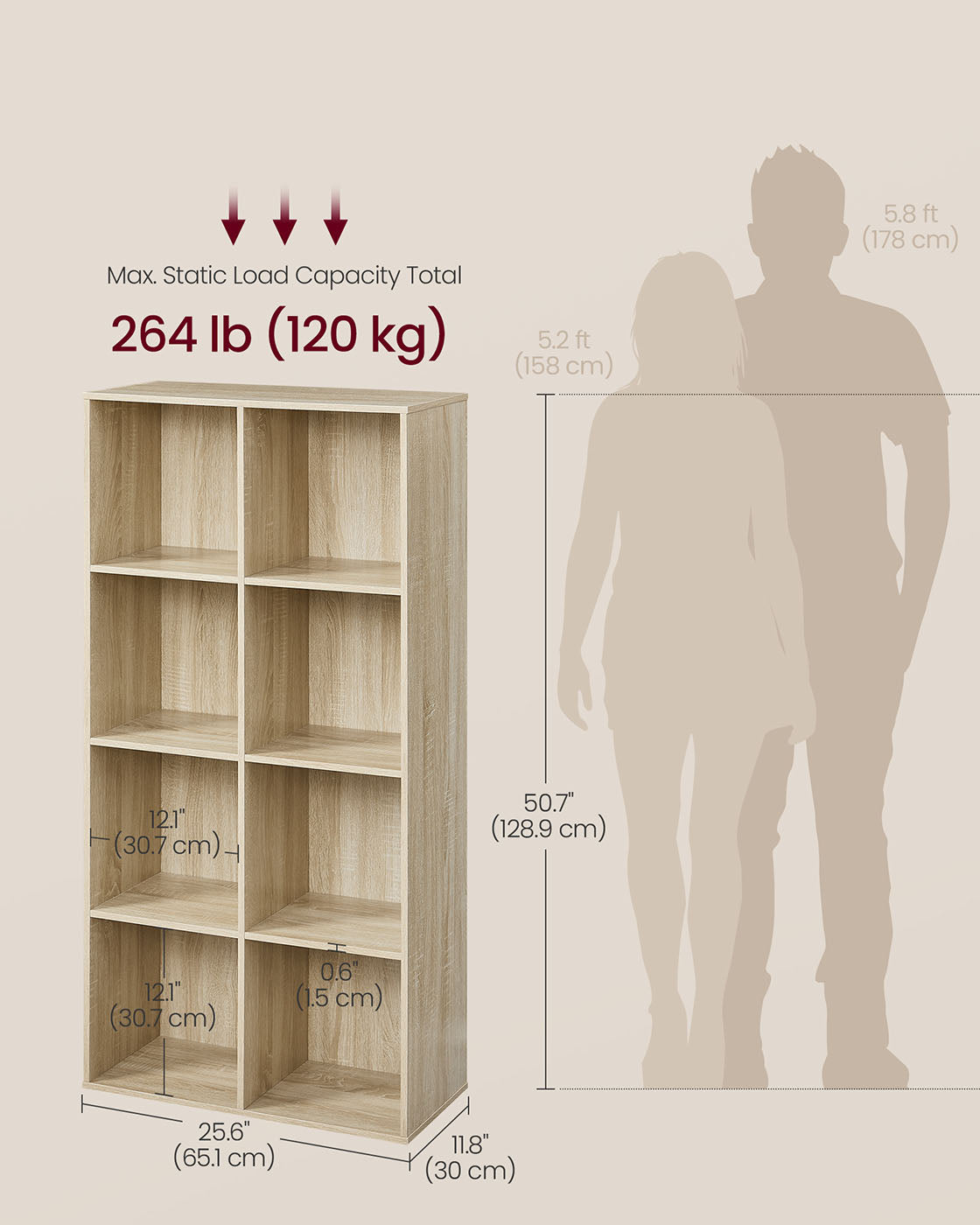 Storage Bookshelf - Wood - Oak - 8 Cube Freestanding Unit for Home or Office