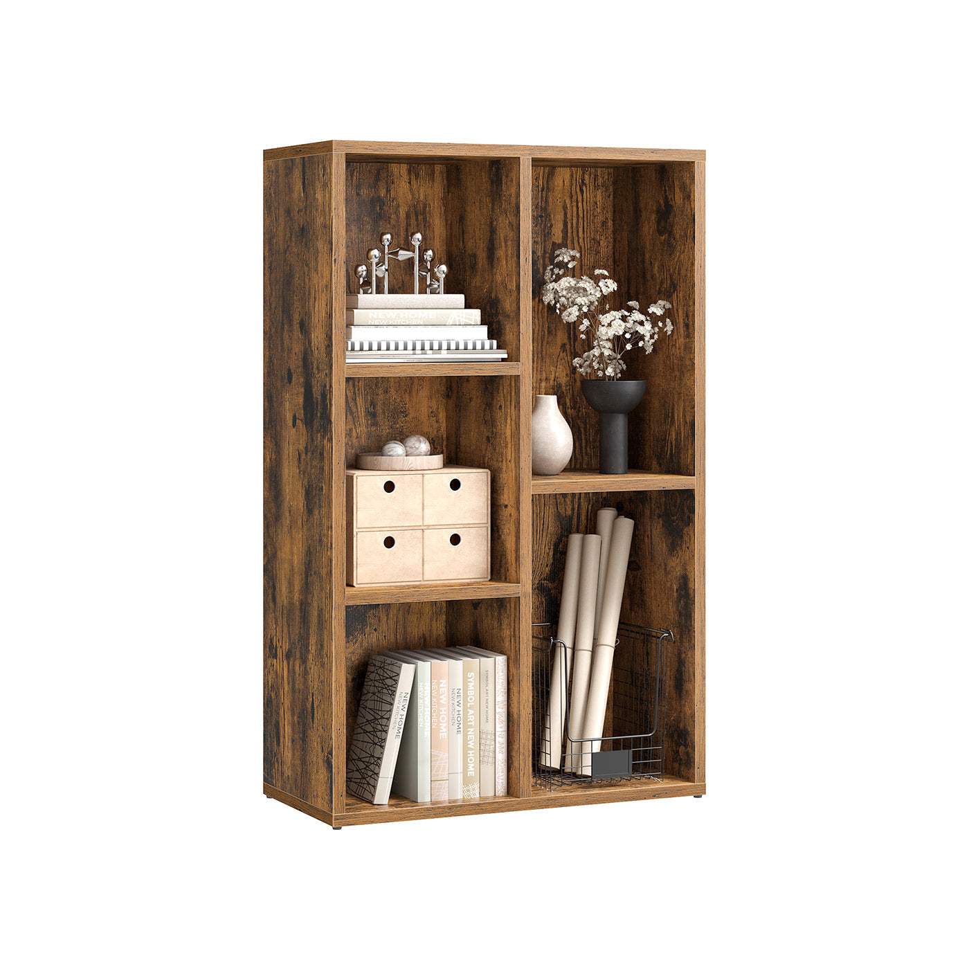 Wooden Bookcase - Oak - 5-Slot Design with Floor Standing Storage