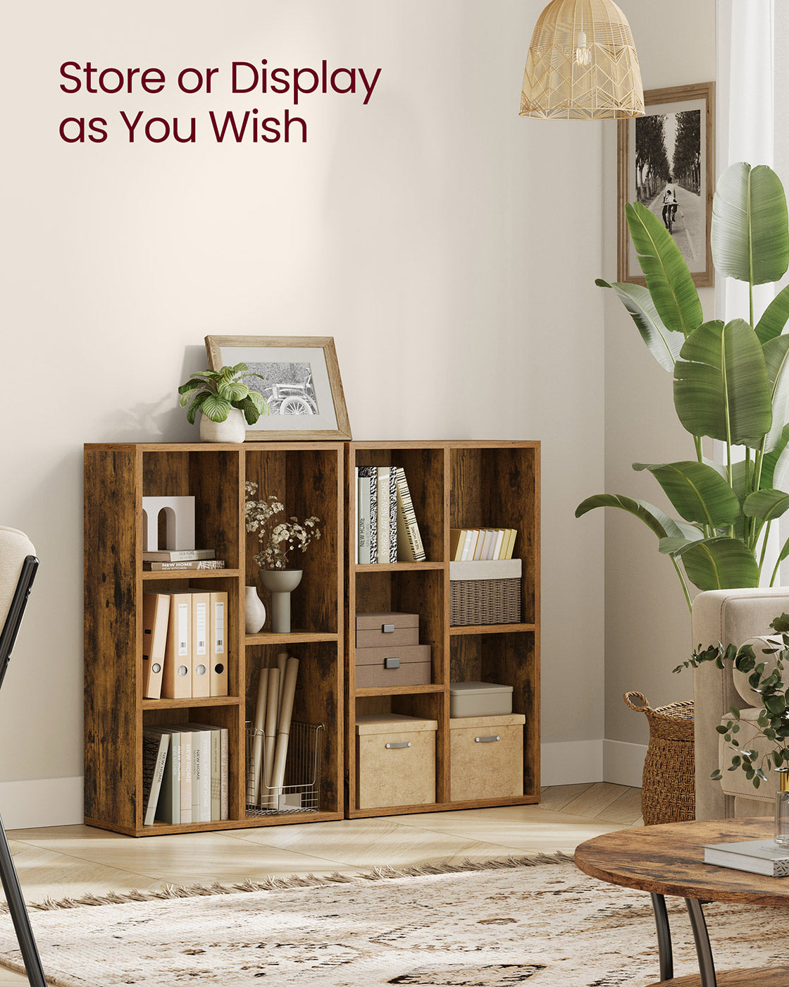 Wooden Bookcase - Oak - 5-Slot Design with Floor Standing Storage