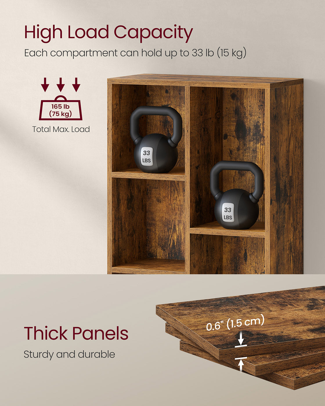 Wooden Bookcase - Oak - 5-Slot Design with Floor Standing Storage