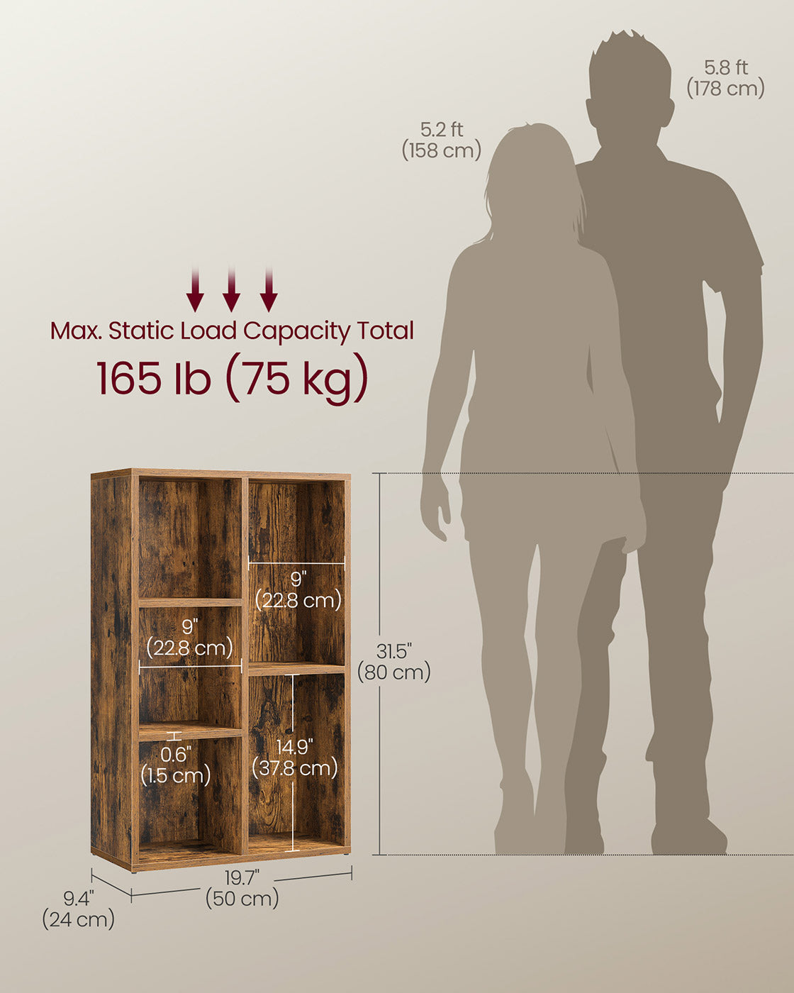 Wooden Bookcase - Oak - 5-Slot Design with Floor Standing Storage