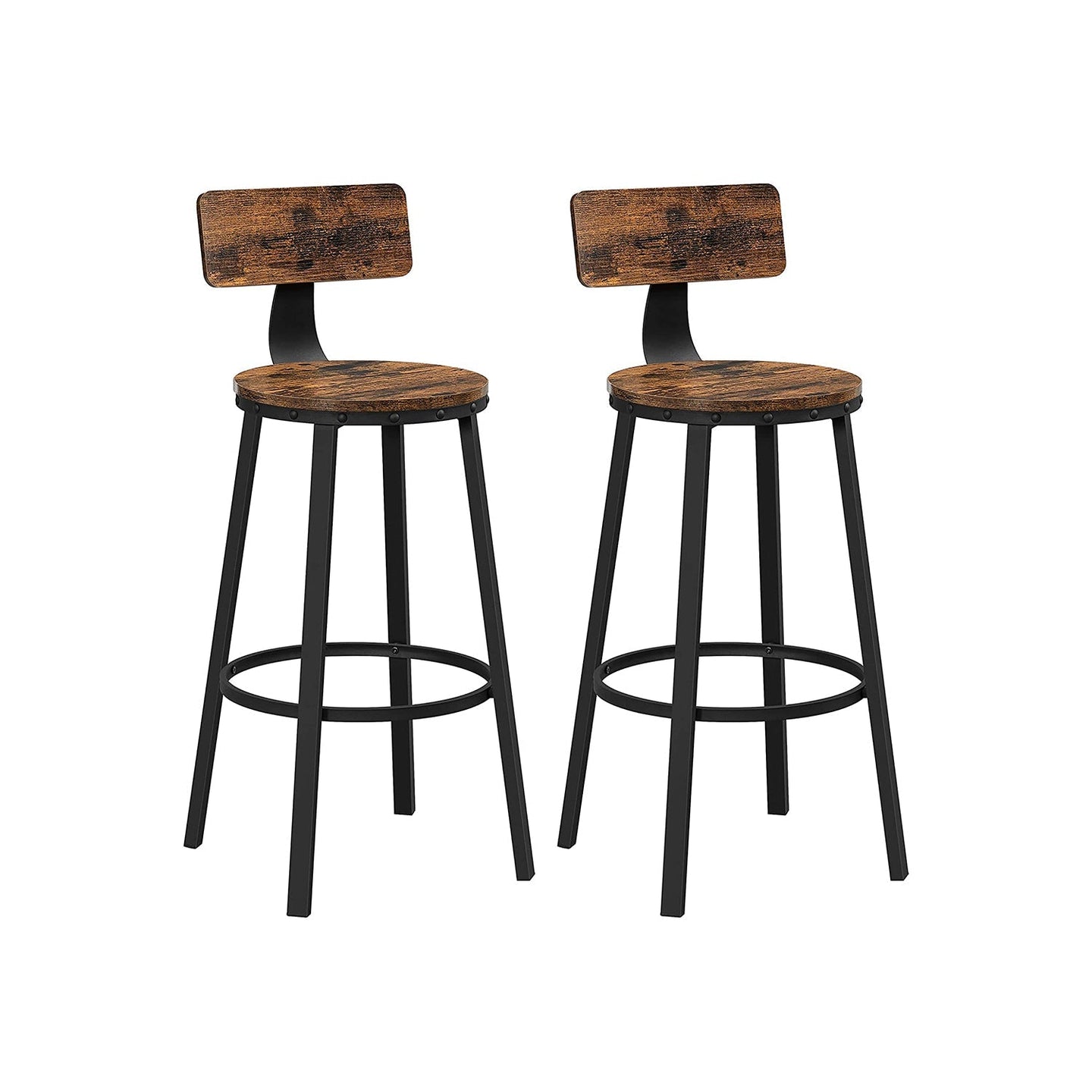 Set of 2 Industrial Bar Stools - Steel - Rustic Brown and Black - Backrests