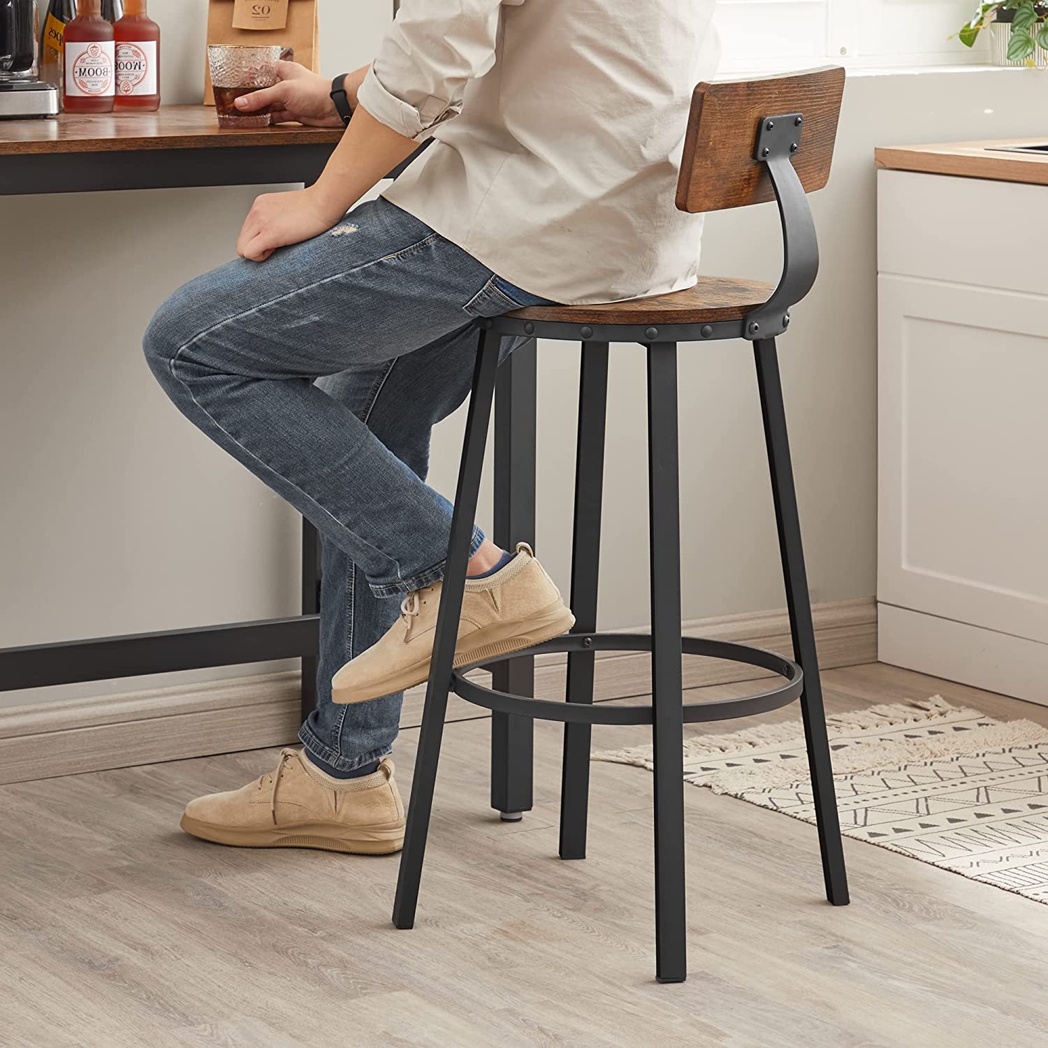Set of 2 Industrial Bar Stools - Steel - Rustic Brown and Black - Backrests