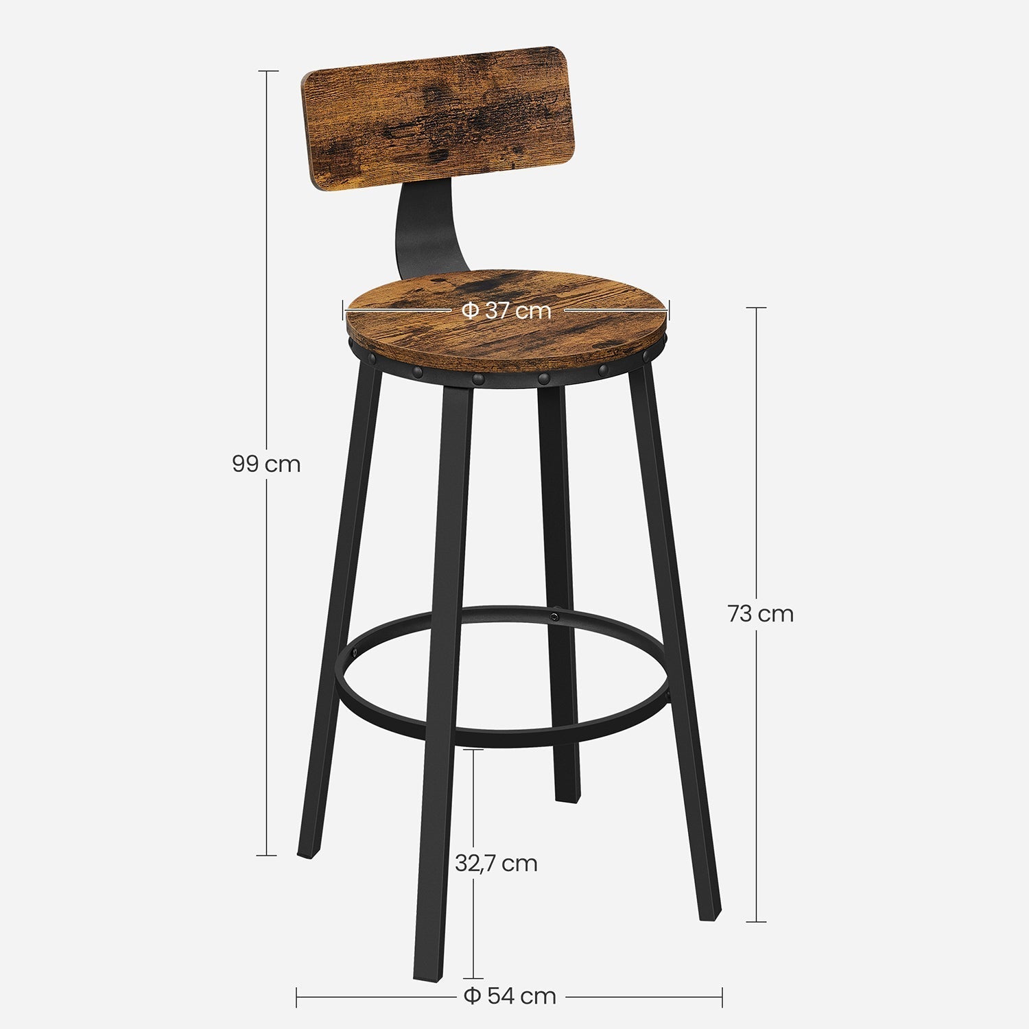Set of 2 Industrial Bar Stools - Steel - Rustic Brown and Black - Backrests