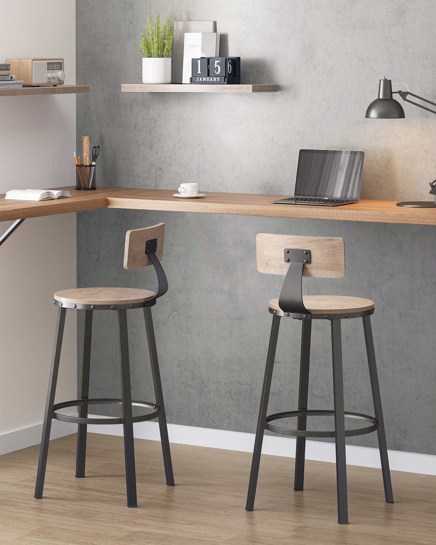 Set of 2 Bar Stools - Heavy-Duty Steel - Heather Greige