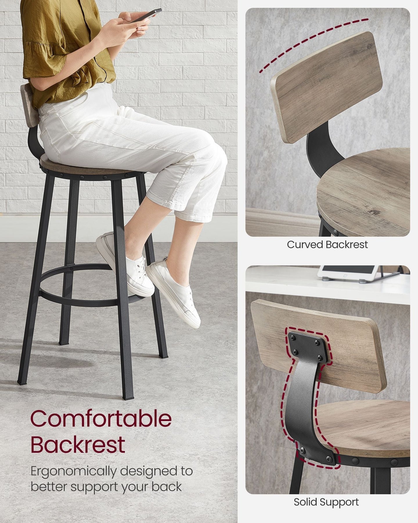 Set of 2 Bar Stools - Heavy-Duty Steel - Heather Greige