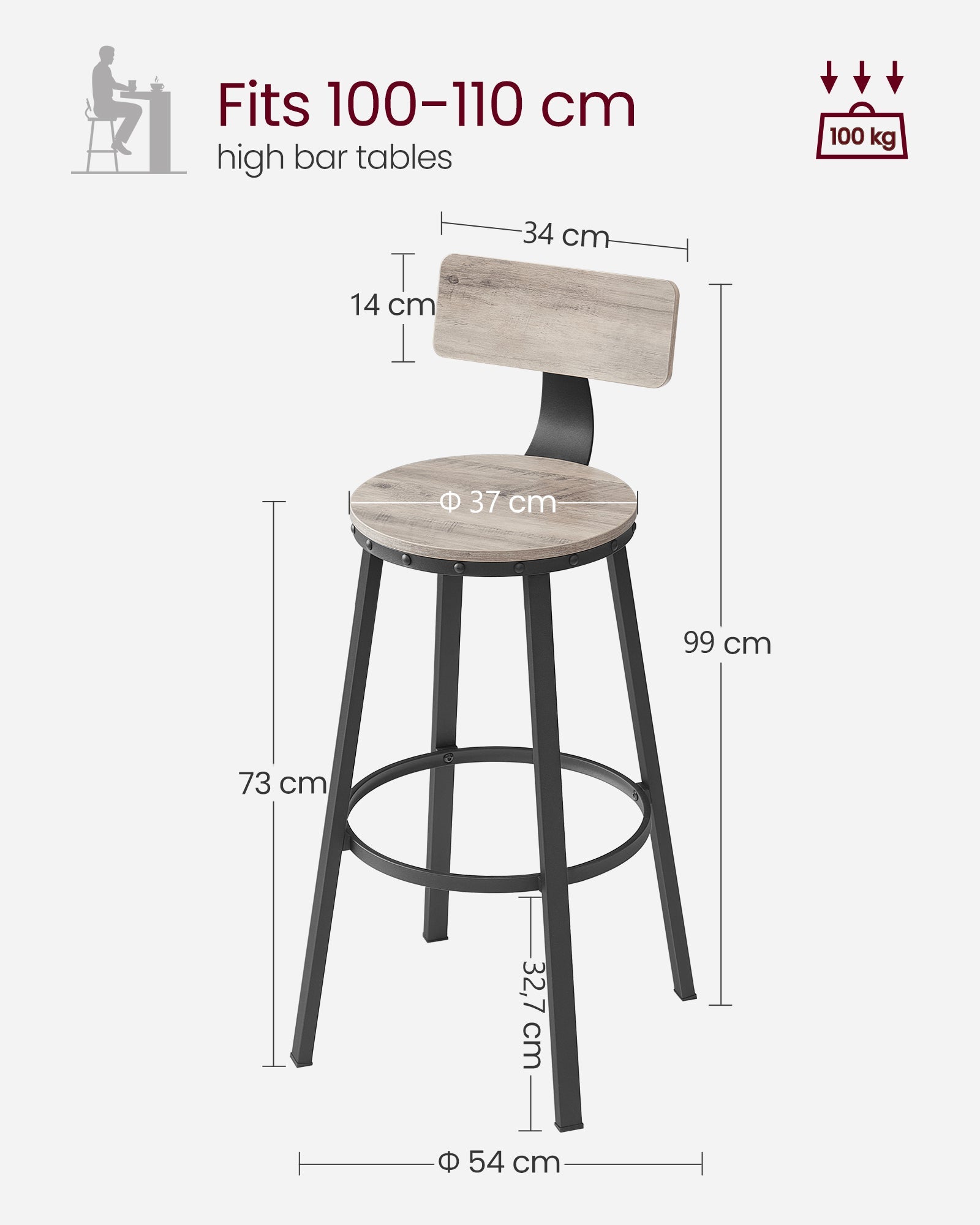 Set of 2 Bar Stools - Heavy-Duty Steel - Heather Greige