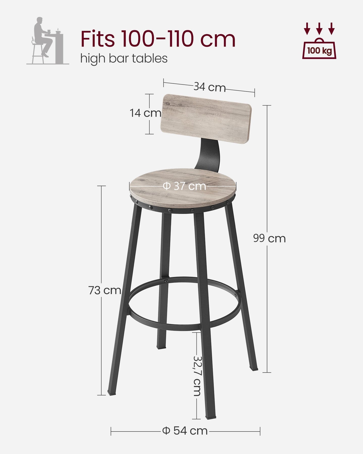 Set of 2 Bar Stools - Heavy-Duty Steel - Heather Greige