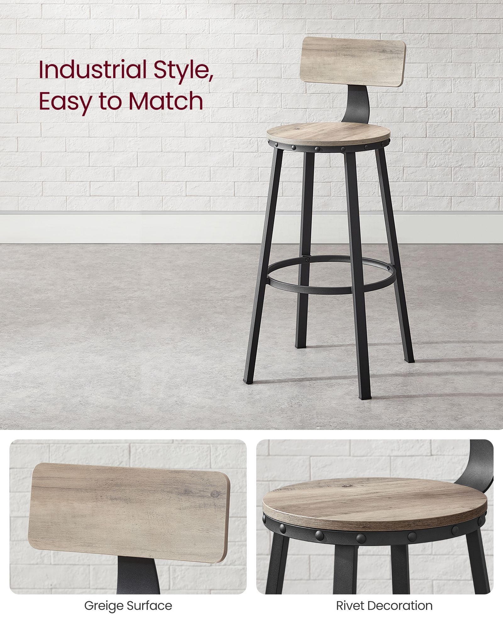 Set of 2 Bar Stools - Heavy-Duty Steel - Heather Greige