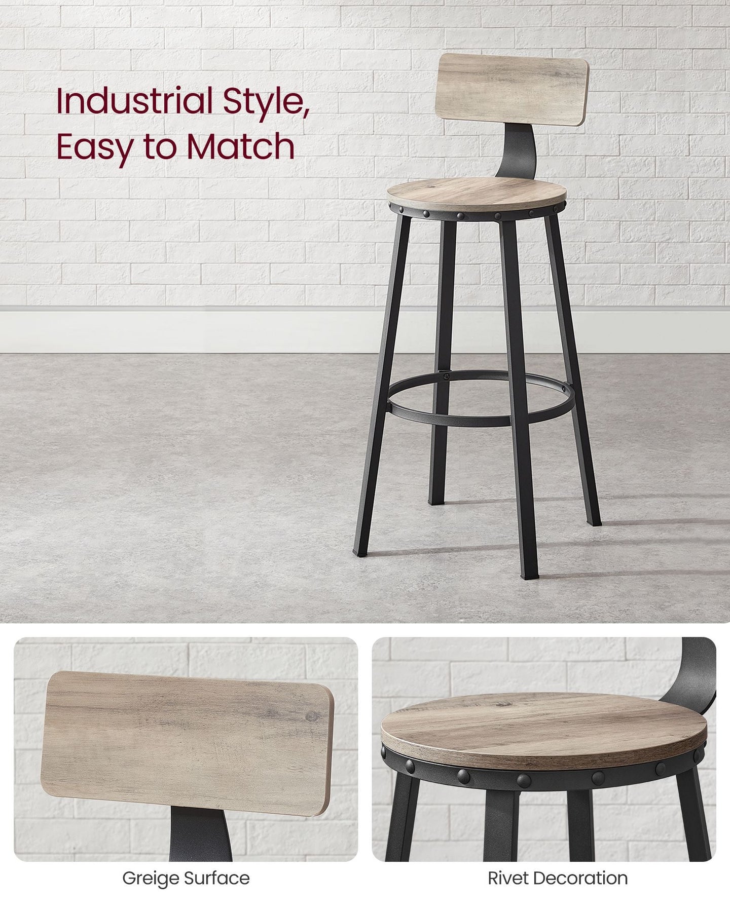 Set of 2 Bar Stools - Heavy-Duty Steel - Heather Greige