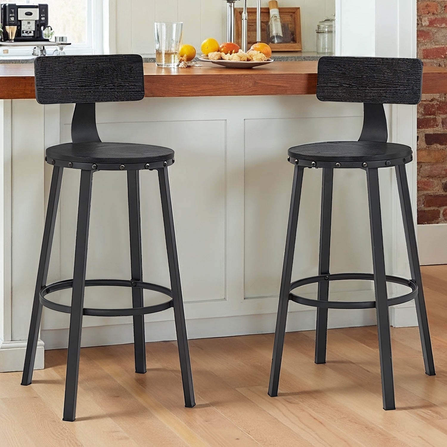 Bar Stools Set of 2 - Heavy-Duty Steel - Rustic Brown and Black - Bar Height with Backrest