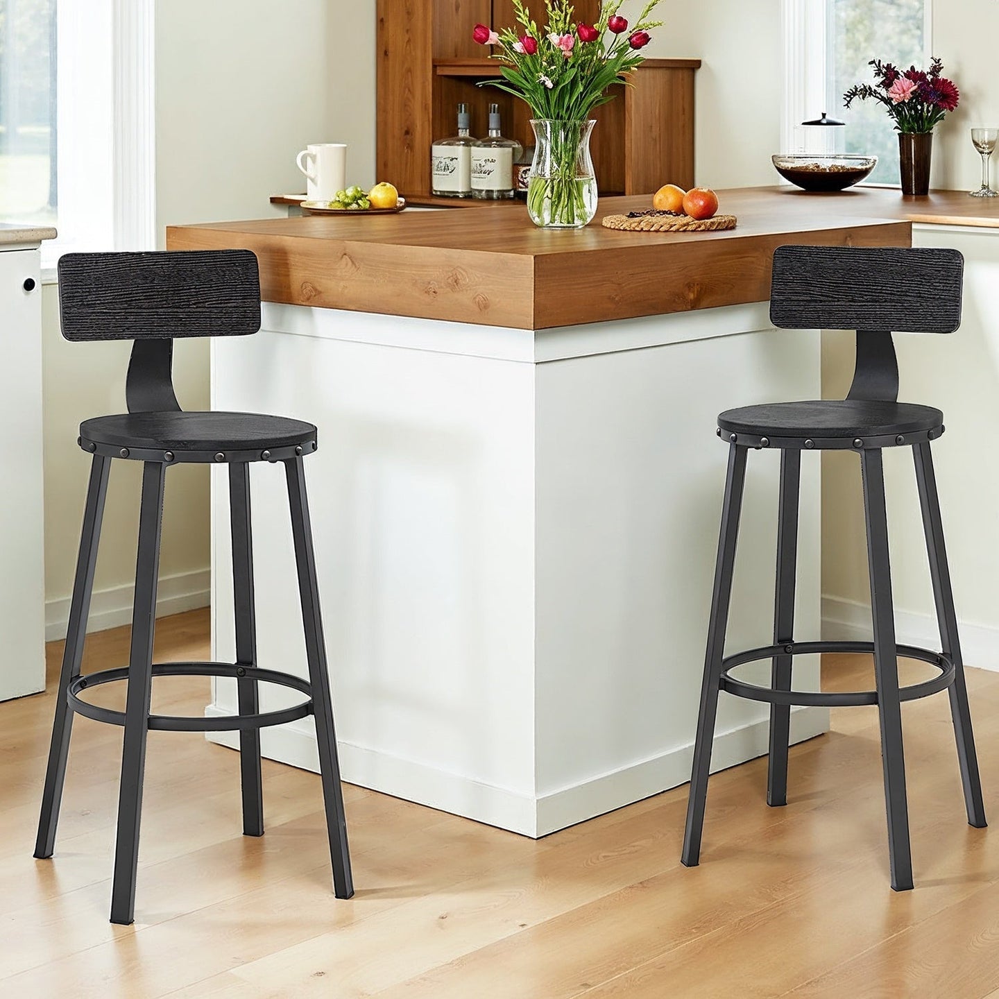 Bar Stools Set of 2 - Heavy-Duty Steel - Rustic Brown and Black - Bar Height with Backrest