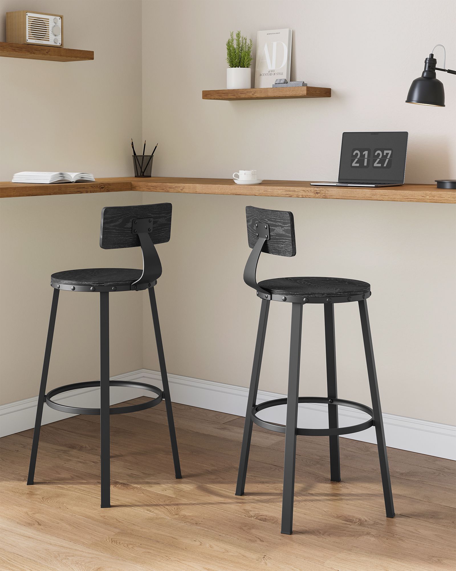 Tall Bar Stools - Heavy-Duty Steel - Rustic Brown and Black - Backrest Design