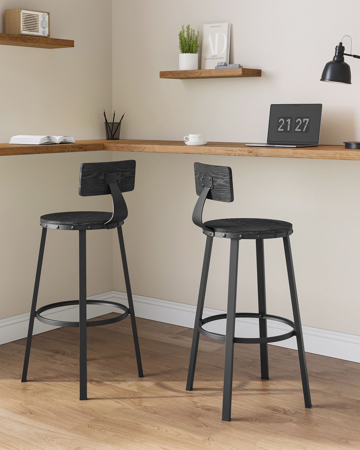 Tall Bar Stools - Heavy-Duty Steel - Rustic Brown and Black - Backrest Design