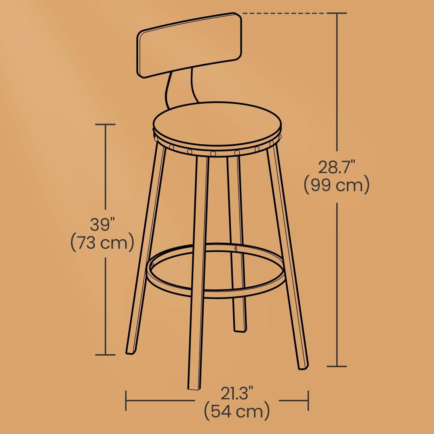Bar Stools Set of 2 - Heavy-Duty Steel - Rustic Brown and Black - Bar Height with Backrest