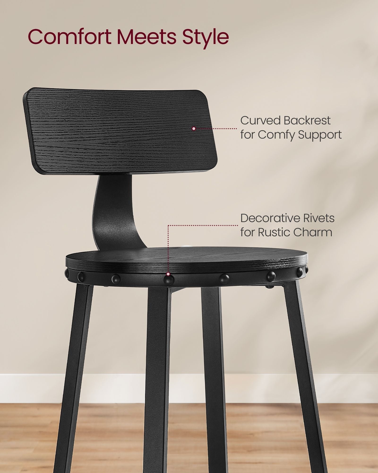 Tall Bar Stools - Heavy-Duty Steel - Rustic Brown and Black - Backrest Design