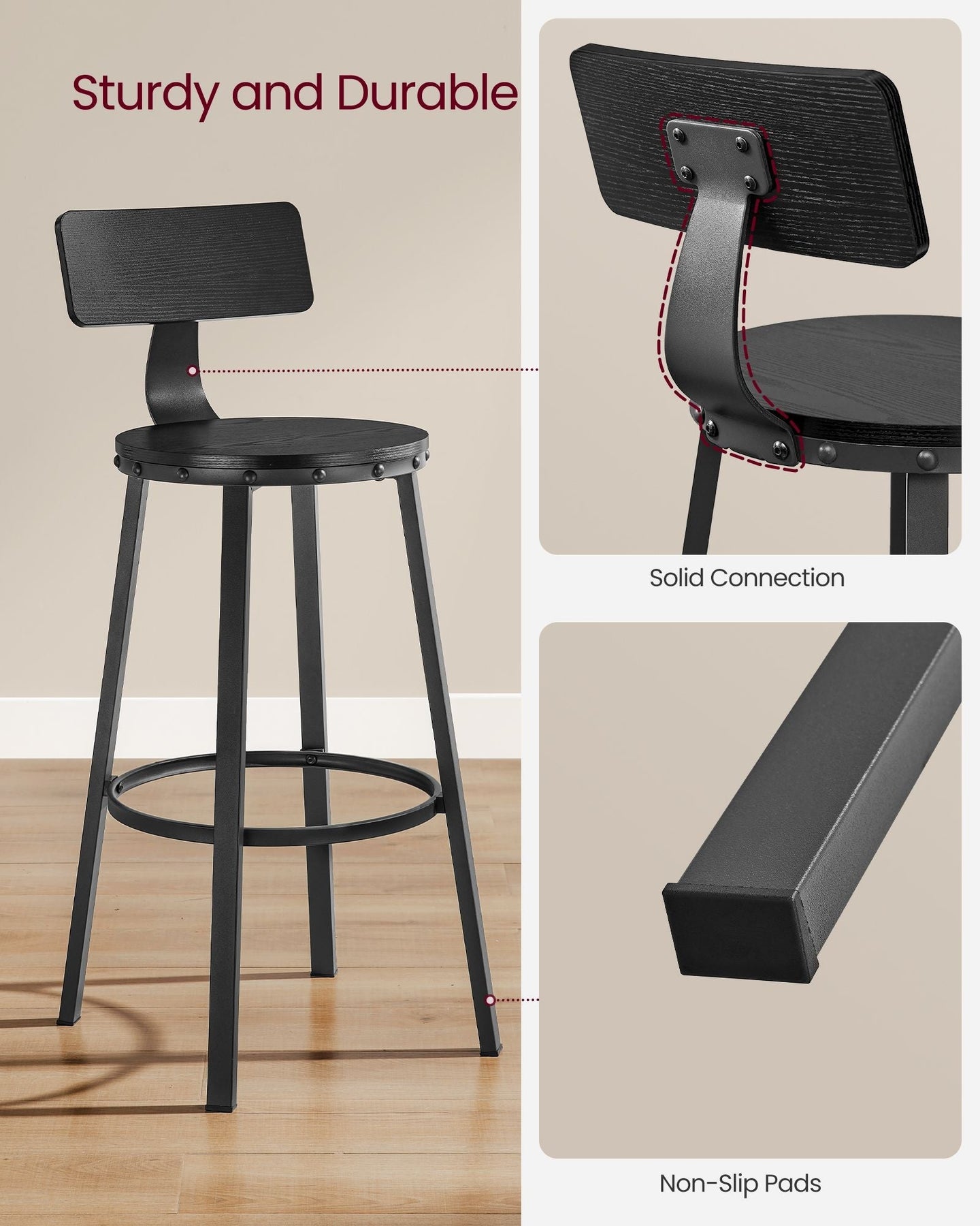 Tall Bar Stools - Heavy-Duty Steel - Rustic Brown and Black - Backrest Design