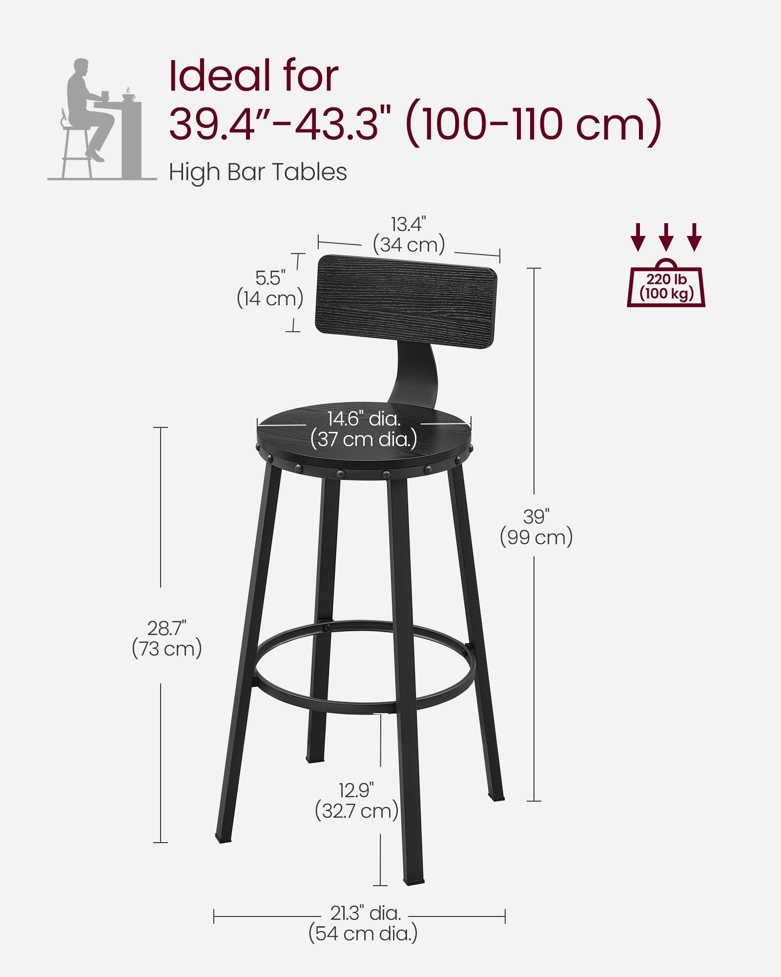Tall Bar Stools - Heavy-Duty Steel - Rustic Brown and Black - Backrest Design