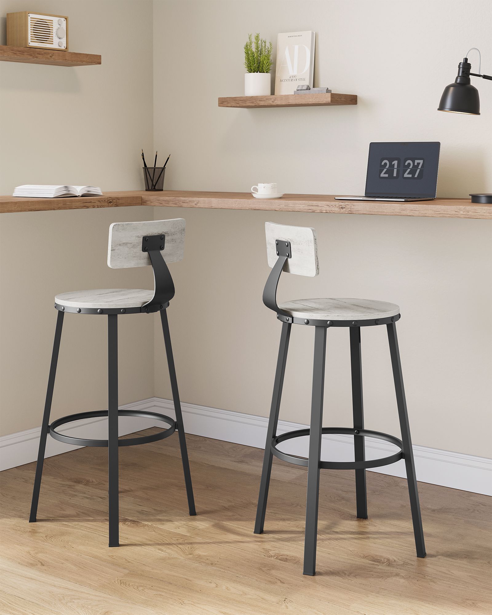 Tall Bar Stools - Heavy-Duty Steel - Rustic Brown and Black - Backrest Design