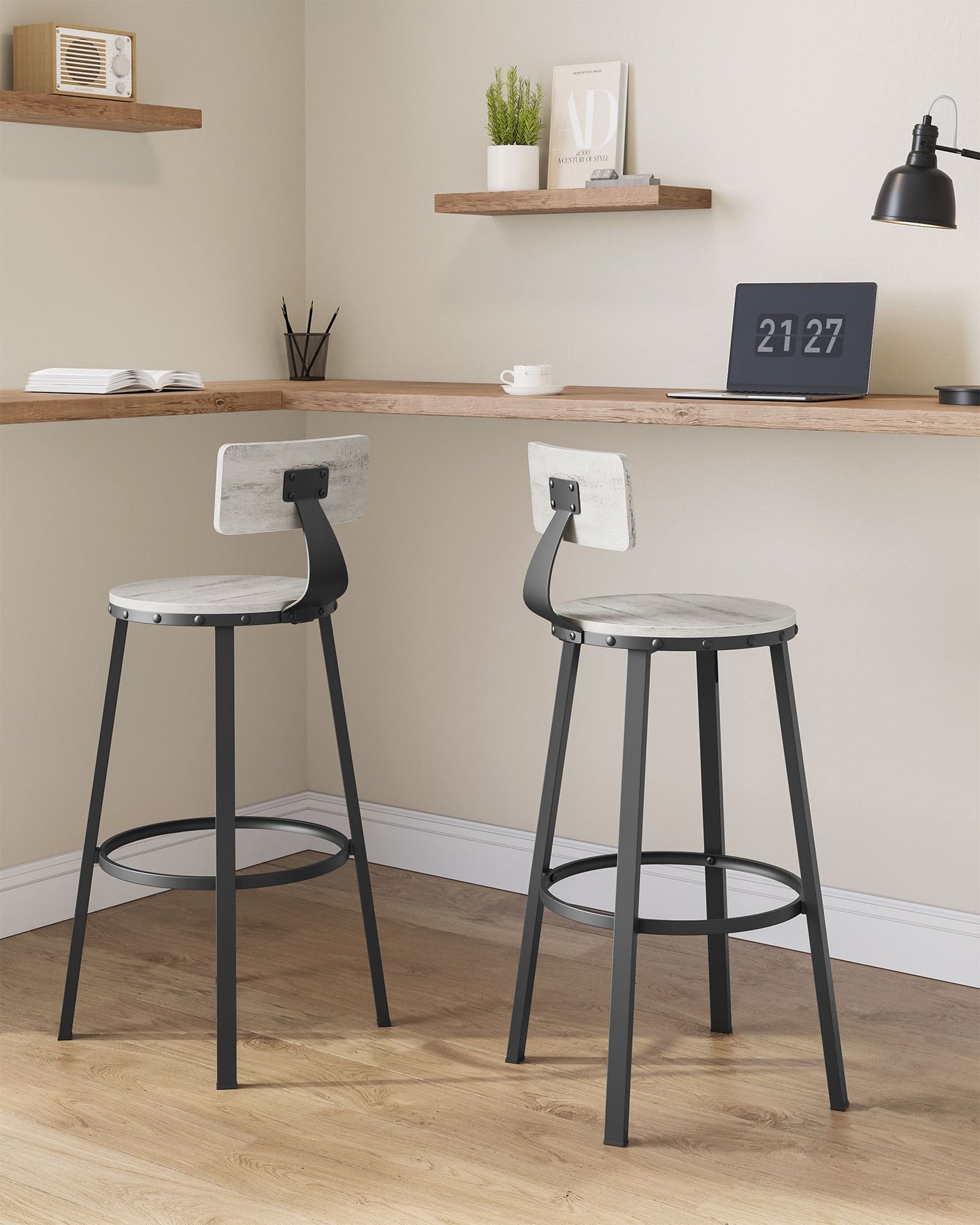 Tall Bar Stools - Heavy-Duty Steel - Rustic Brown and Black - Backrest Design