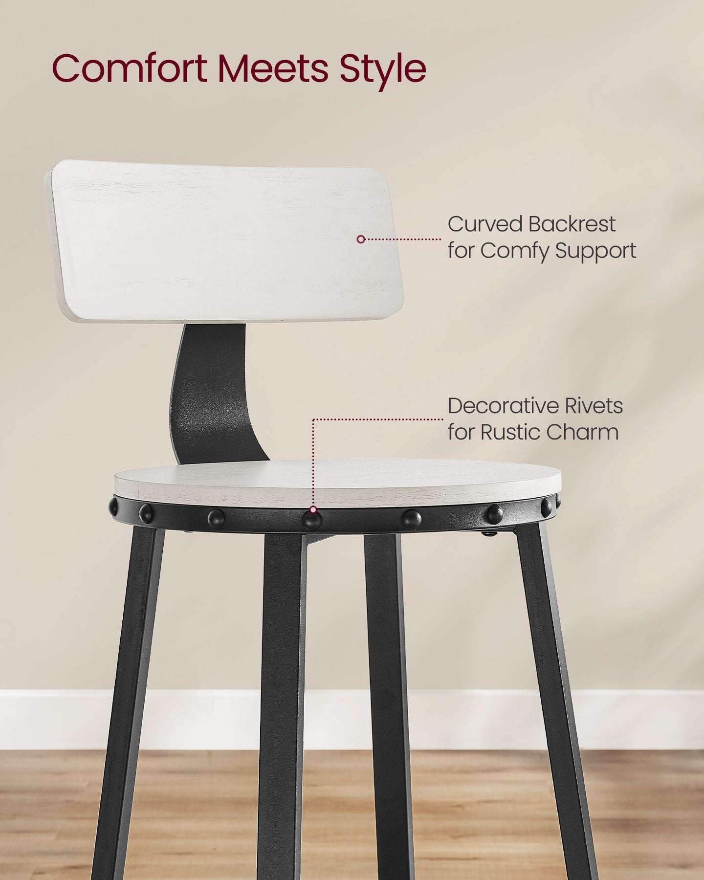 Tall Bar Stools - Heavy-Duty Steel - Rustic Brown and Black - Backrest Design