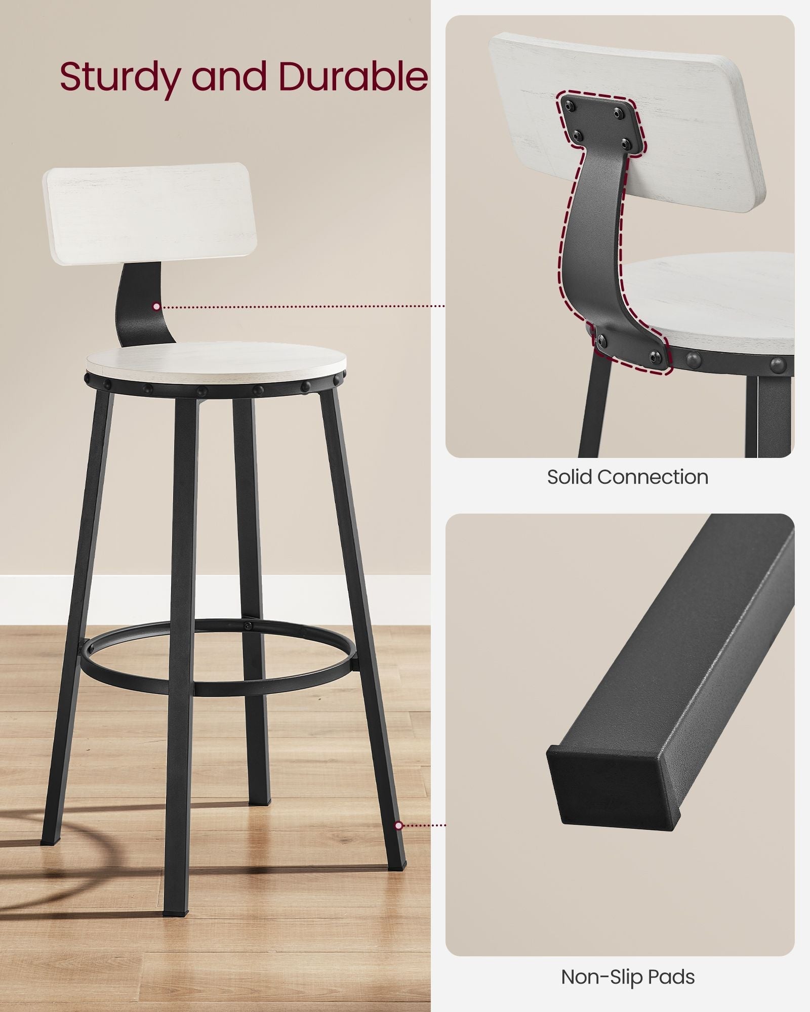 Tall Bar Stools - Heavy-Duty Steel - Rustic Brown and Black - Backrest Design