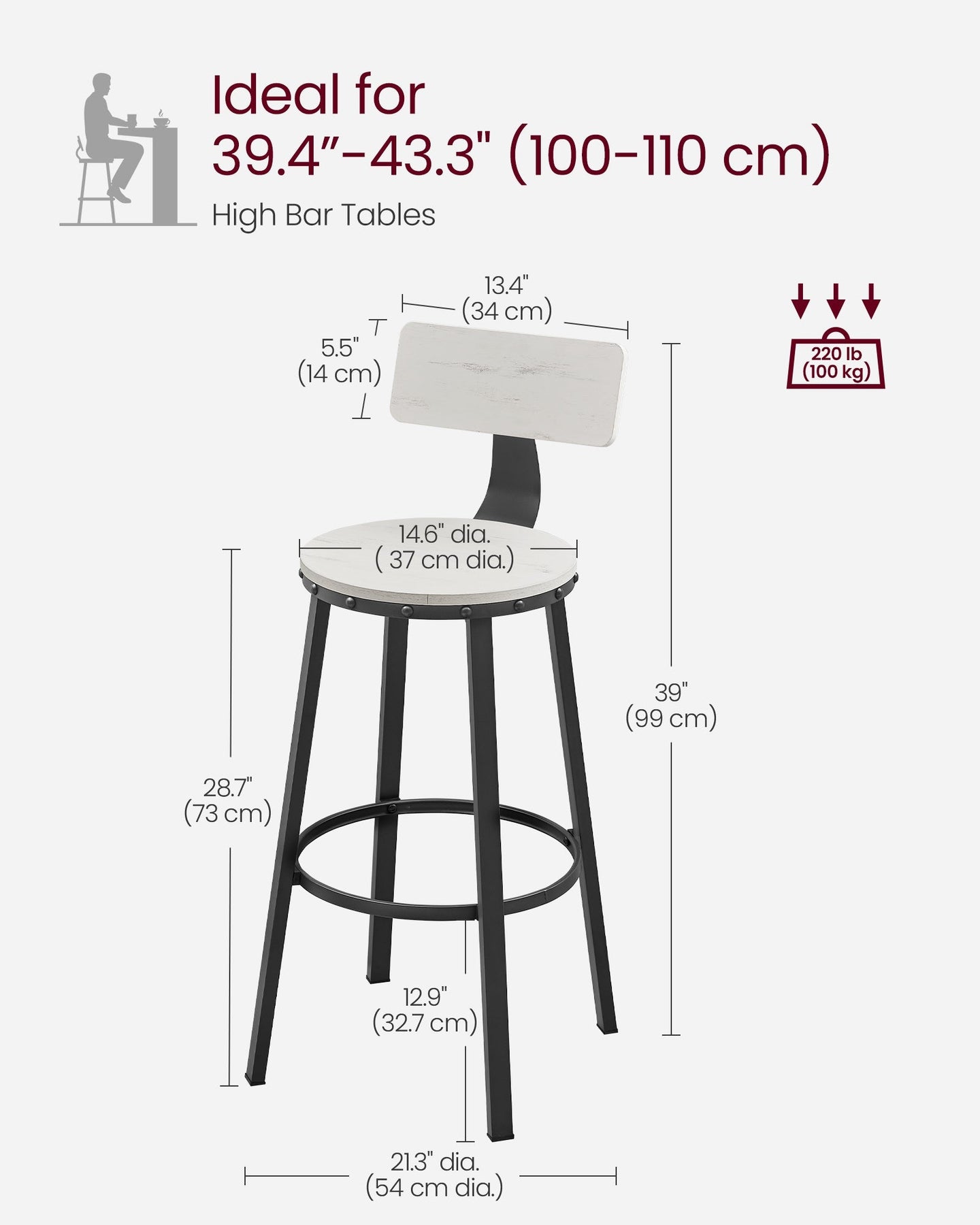 Tall Bar Stools - Heavy-Duty Steel - Rustic Brown and Black - Backrest Design
