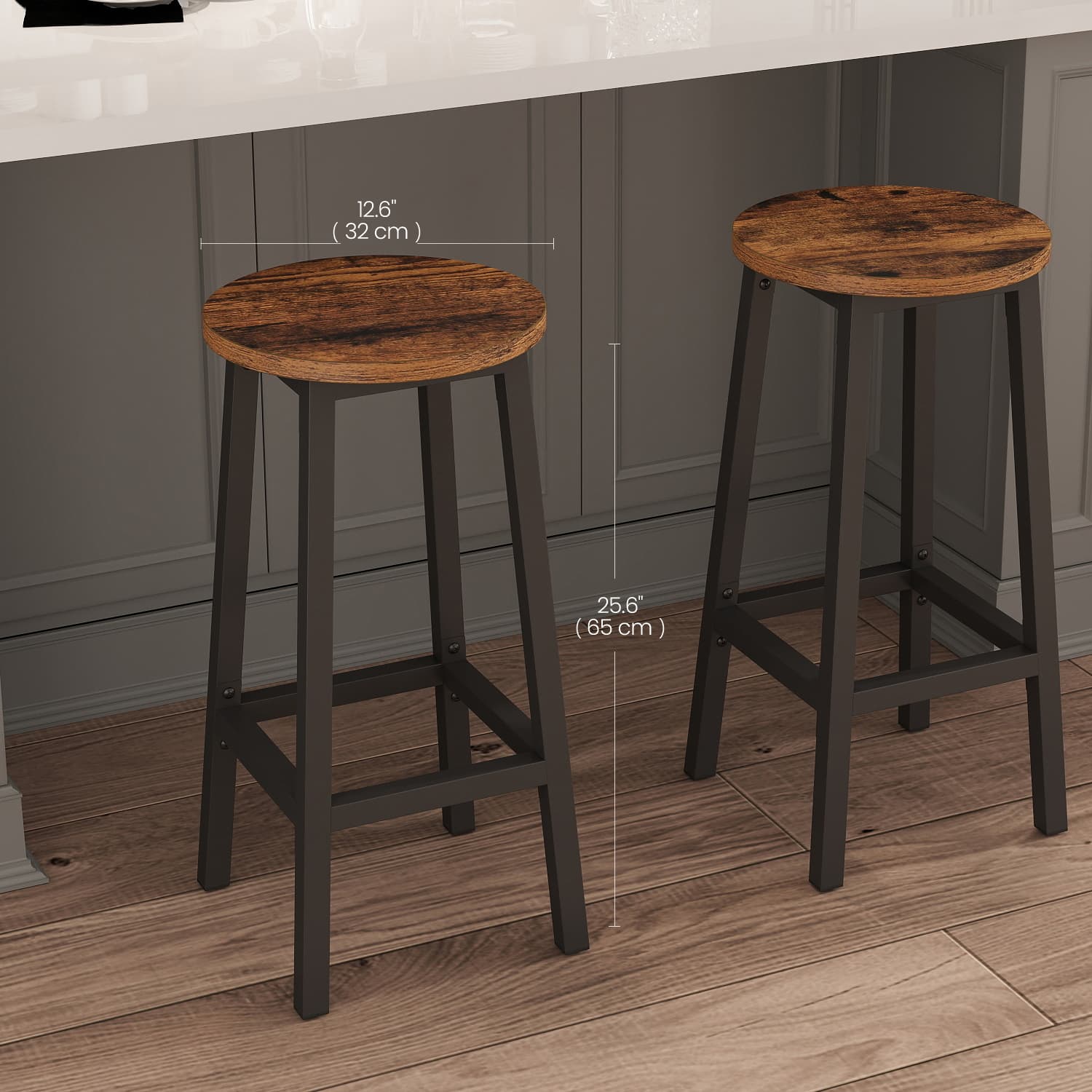 Set of 2 Bar Stools - Metal Frame - Rustic Brown and Black - 65 cm High with Footrests