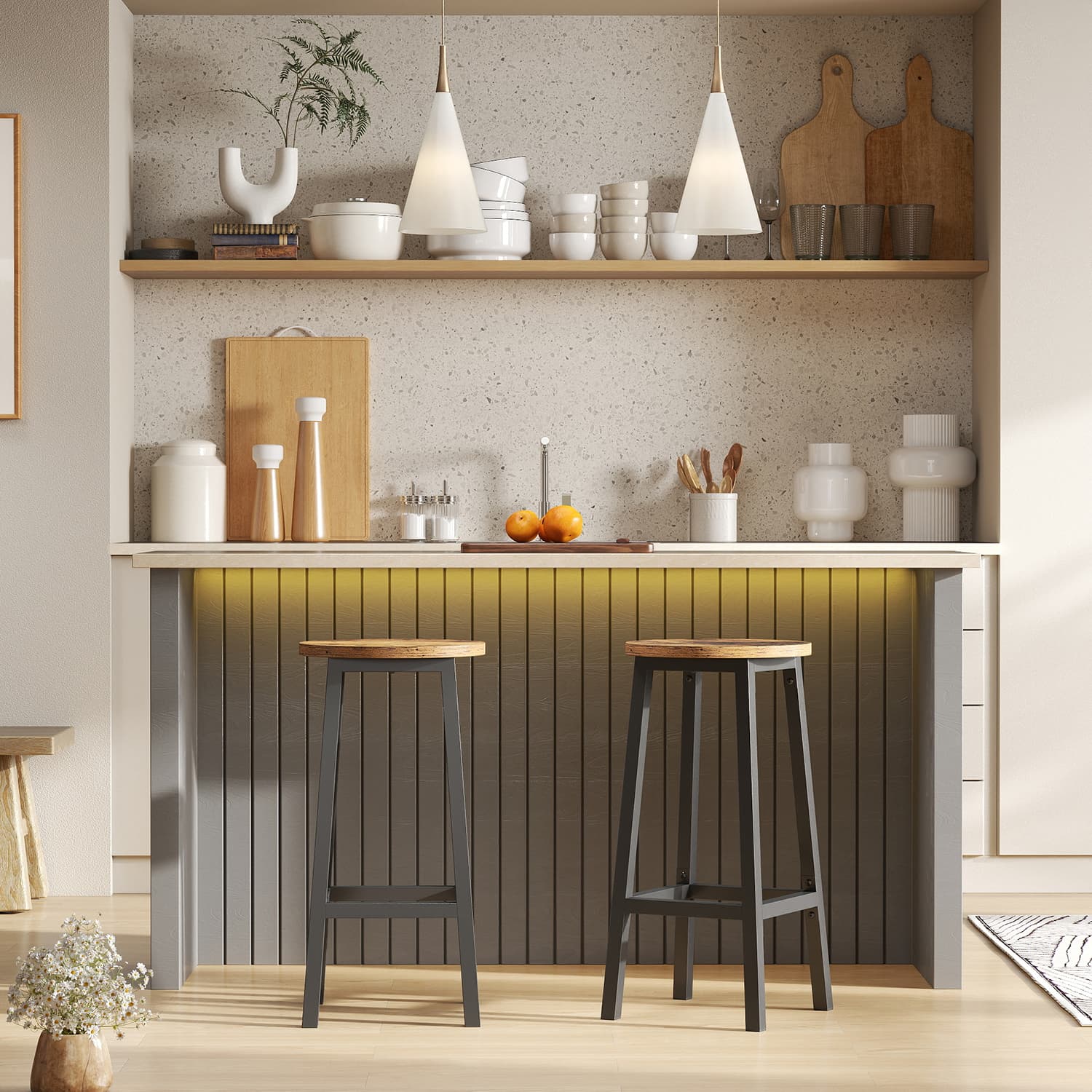 Set of 2 Bar Stools - Metal Frame - Rustic Brown and Black - 65 cm High with Footrests