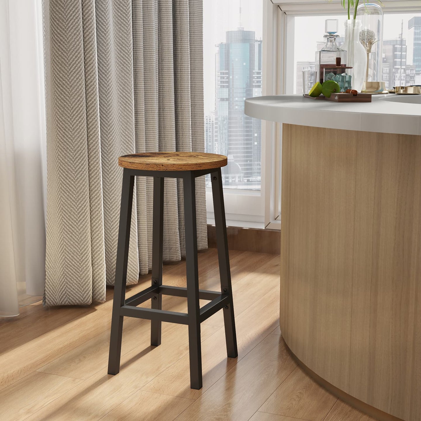 Set of 2 Bar Stools - Metal Frame - Rustic Brown and Black - 65 cm High with Footrests