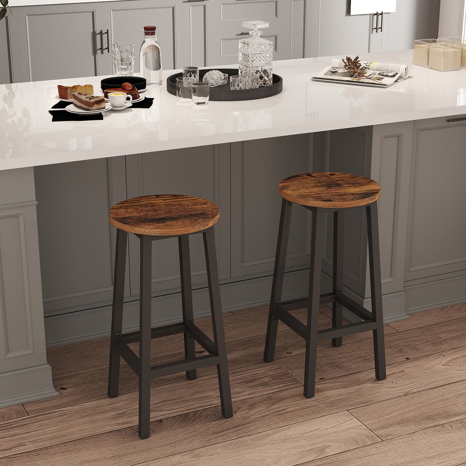 Set of 2 Bar Stools - Metal Frame - Rustic Brown and Black - 65 cm High with Footrests