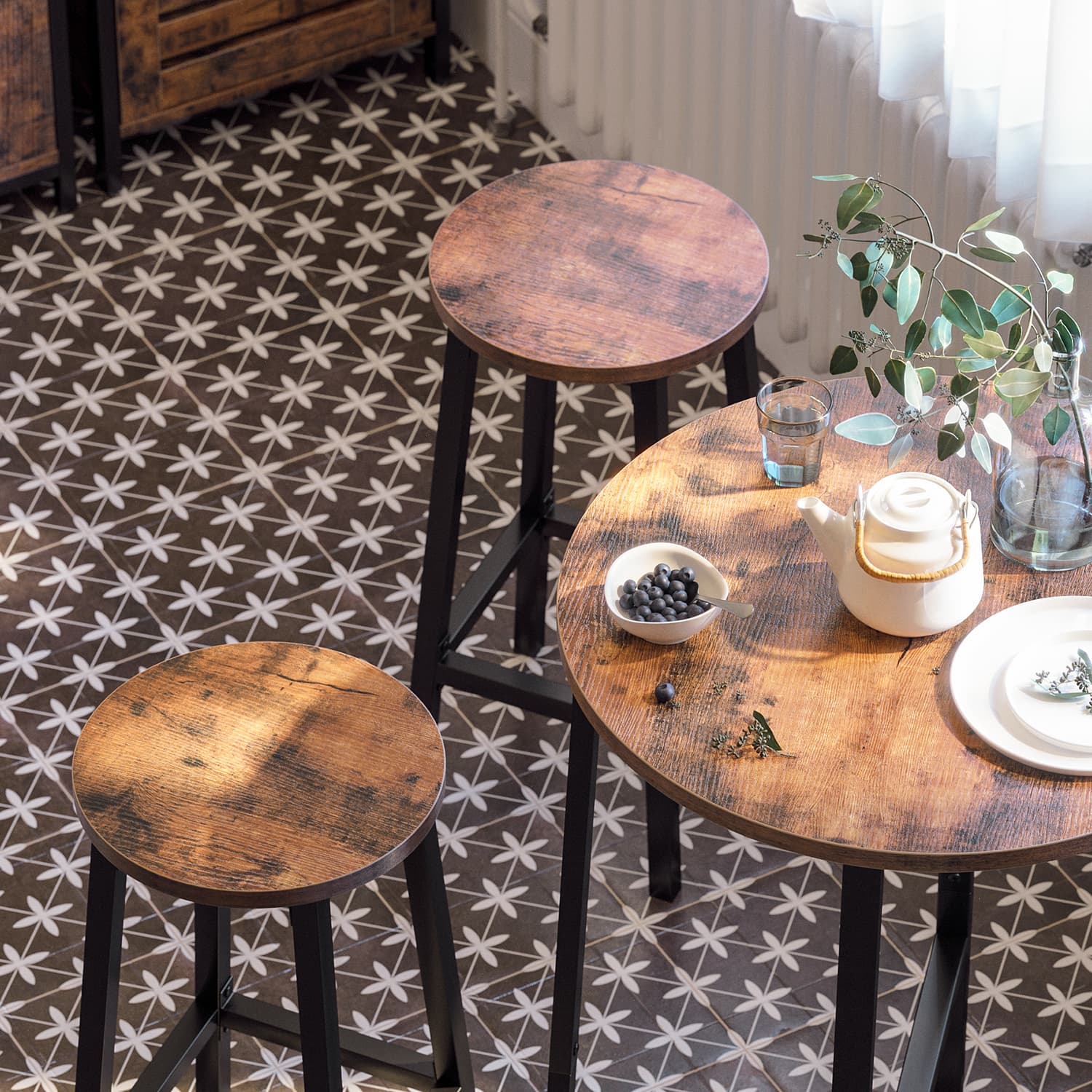 Set of 2 Bar Stools - Metal Frame - Rustic Brown and Black - 65 cm High with Footrests