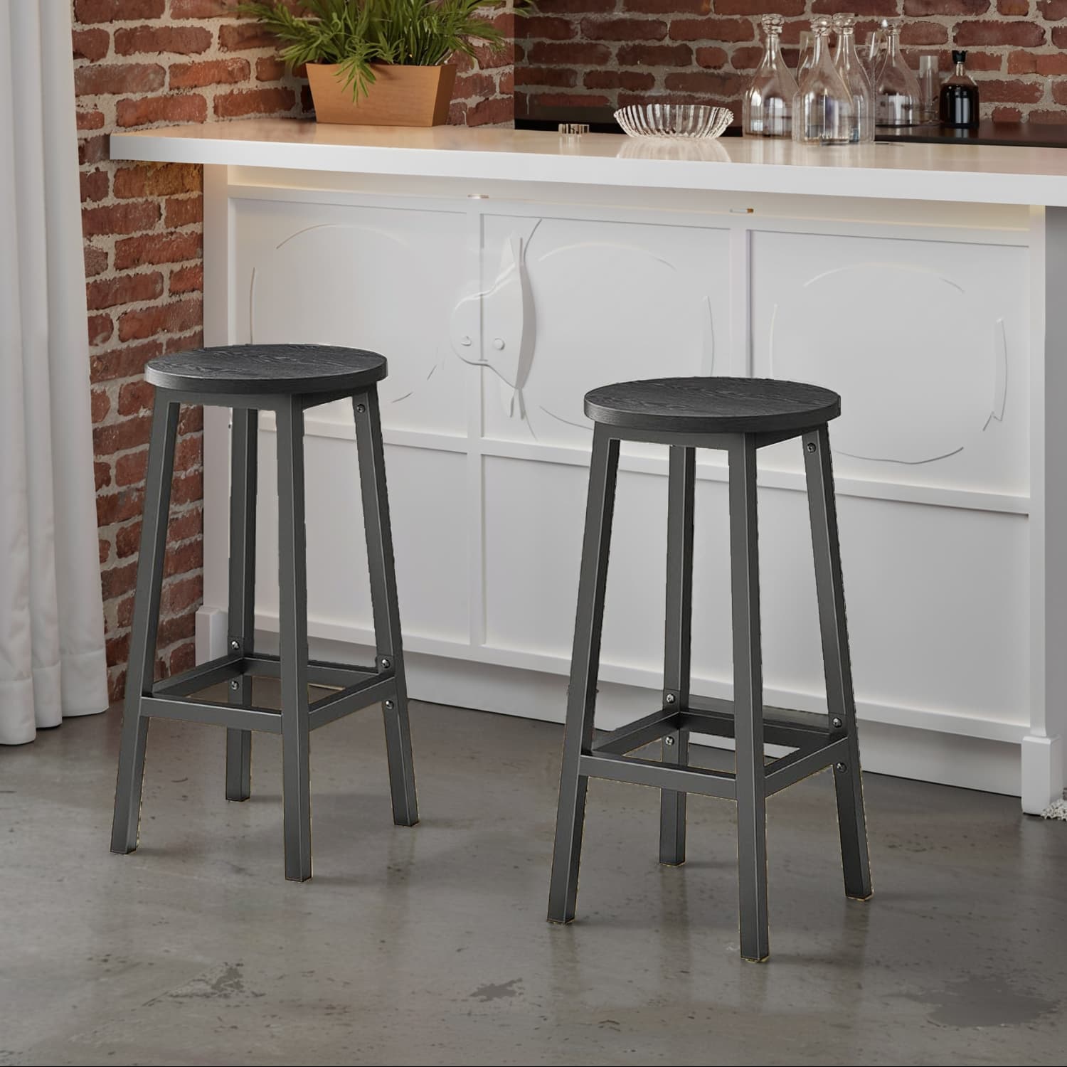 Bar Stools - Set of 2 with Footrest - Wood - Oak Beige and White