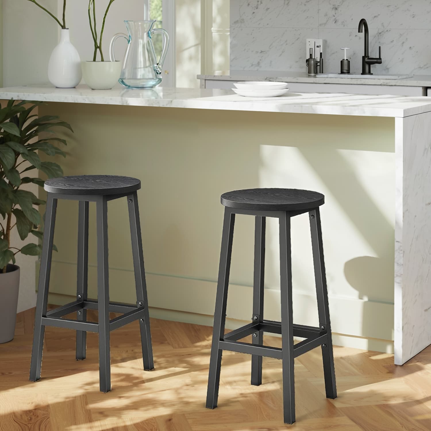Bar Stools - Set of 2 with Footrest - Wood - Oak Beige and White