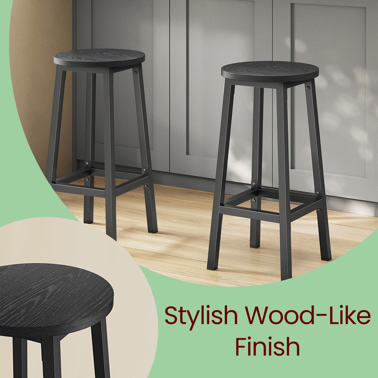 Bar Stools - Set of 2 with Footrest - Wood - Oak Beige and White