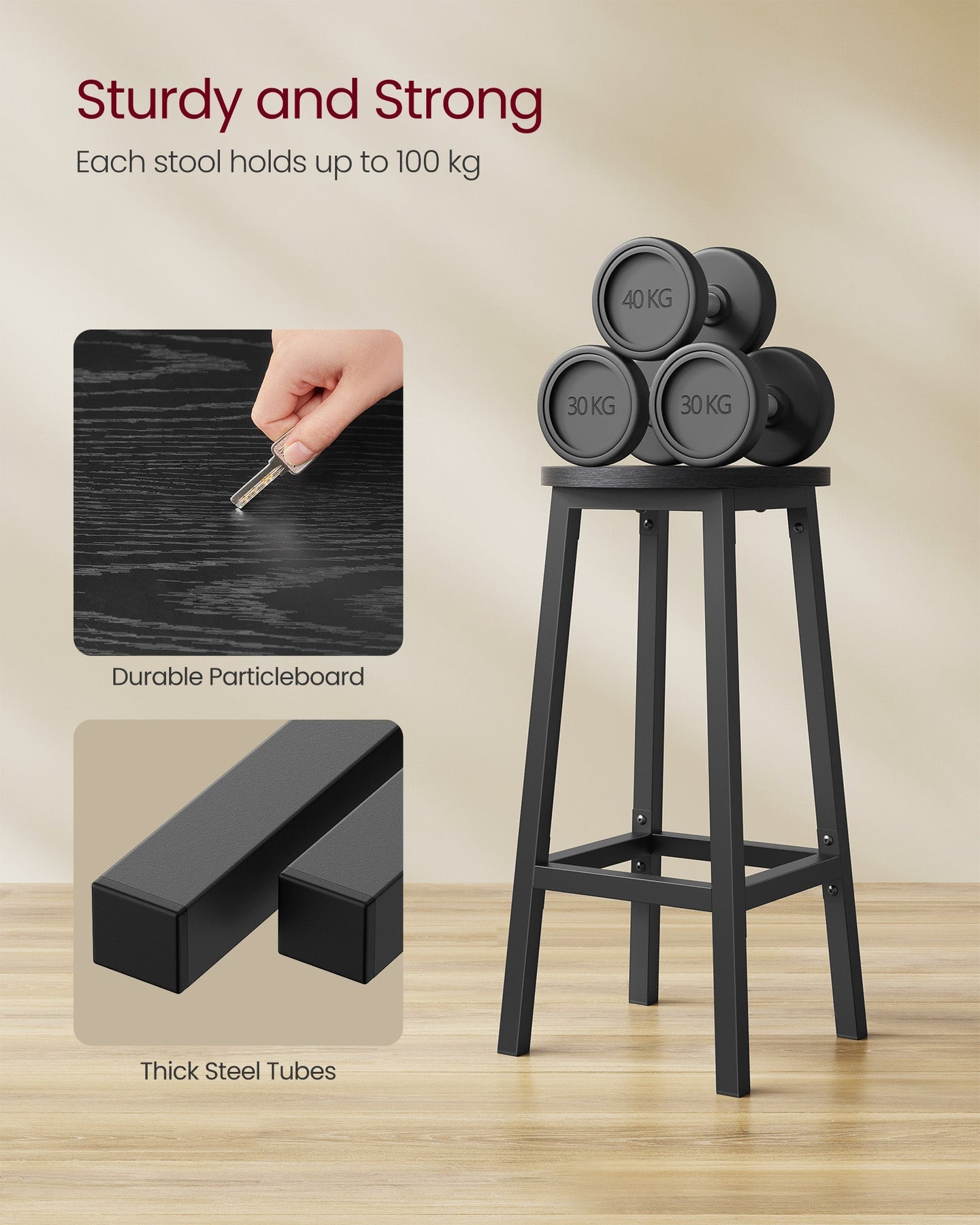Bar Stools Set of 2 - Metal Frame - Ebony Black - Easy to Assemble