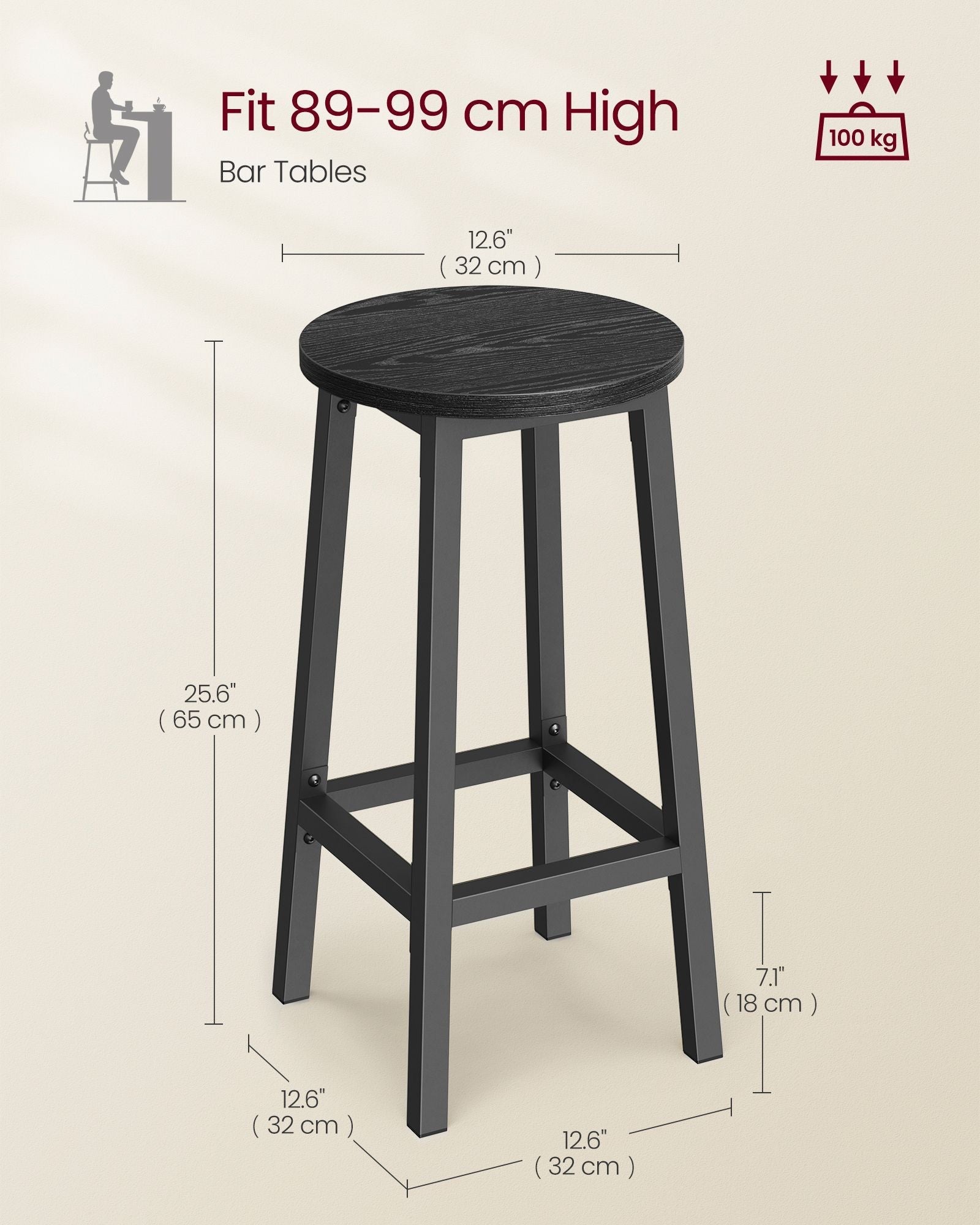 Bar Stools Set of 2 - Metal Frame - Ebony Black - Easy to Assemble
