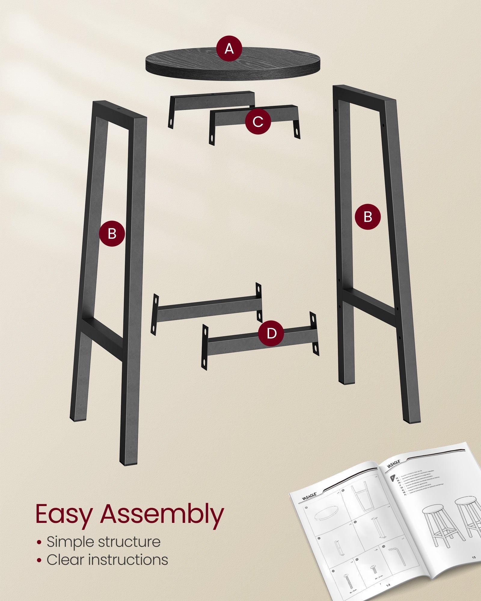 Bar Stools Set of 2 - Metal Frame - Ebony Black - Easy to Assemble