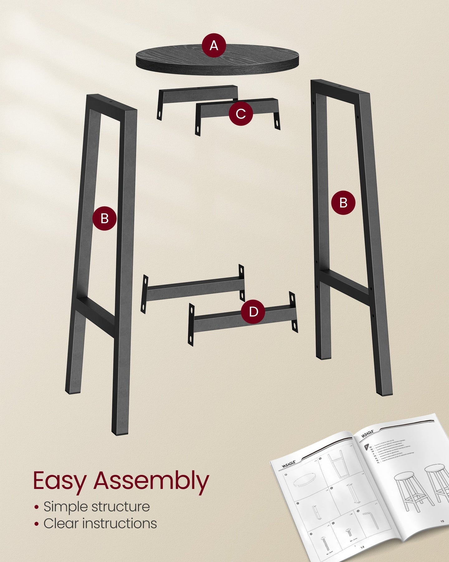 Bar Stools Set of 2 - Metal Frame - Ebony Black - Easy to Assemble