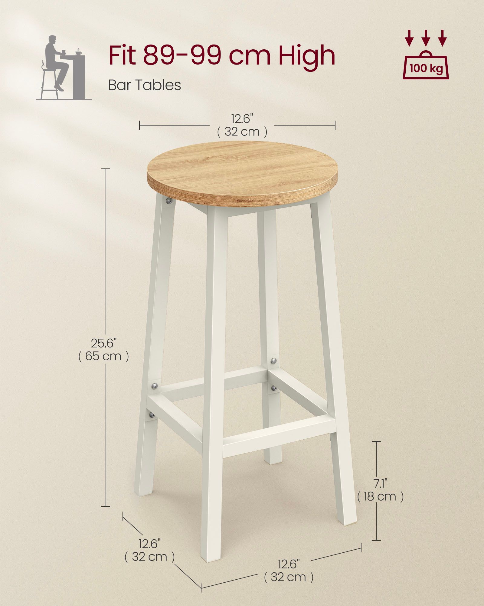 Set of 2 Bar Stools - Metal - Oak Beige - Footrests Included
