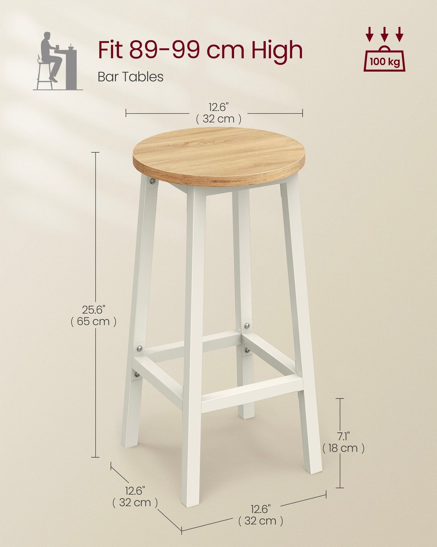 Set of 2 Bar Stools - Metal - Oak Beige - Footrests Included