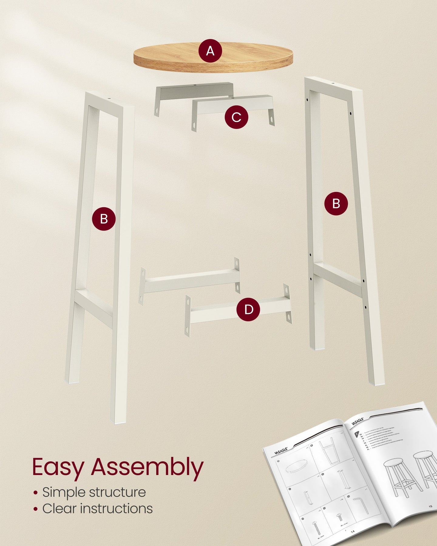 Set of 2 Bar Stools - Metal - Oak Beige - Footrests Included