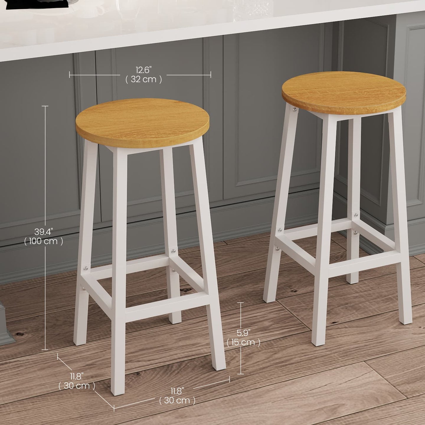 Set of 2 Bar Stools - Metal Frame - Oak Beige and White - 65 cm High with Footrests