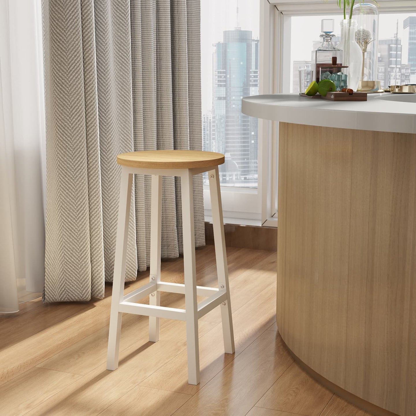 Set of 2 Bar Stools - Metal Frame - Oak Beige and White - 65 cm High with Footrests