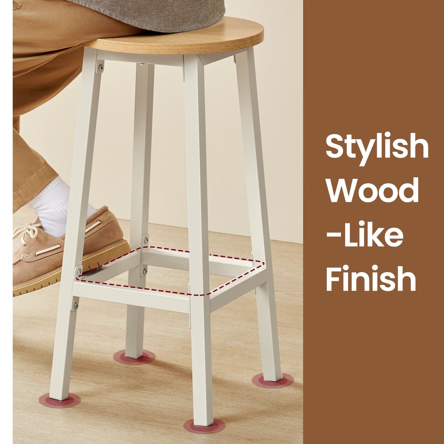 Set of 2 Bar Stools - Metal Frame - Oak Beige and White - 65 cm High with Footrests