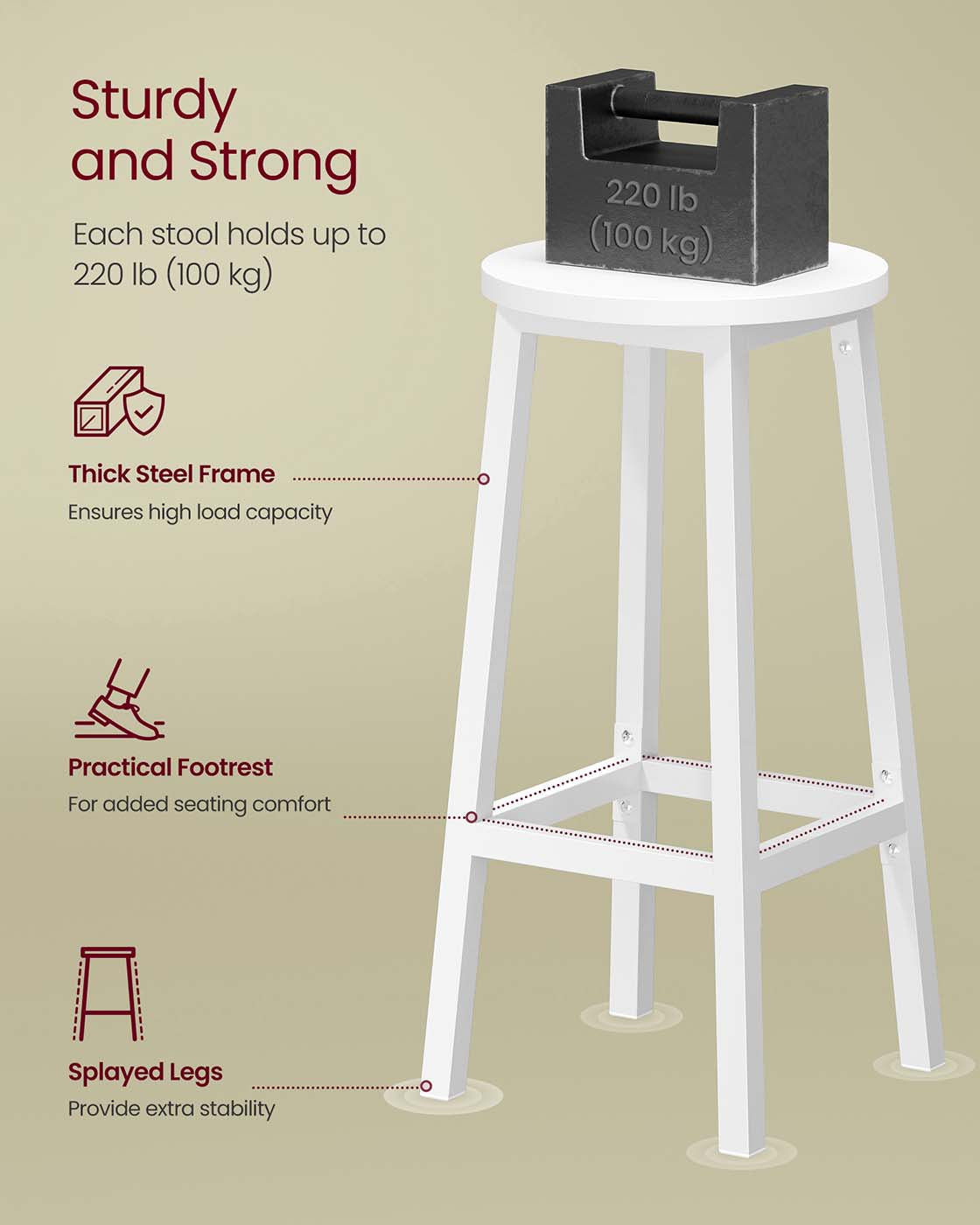 Set of 2 Kitchen Stools - Metal Frame - Cloud White - Easy to Assemble